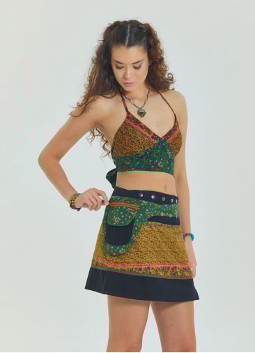 Snap Front Pocket Patchwork Wrap Green Floral Skirt 4685